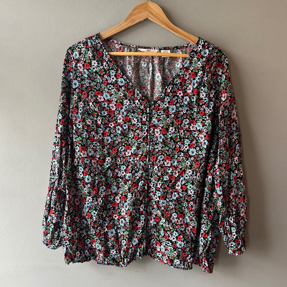 Levis Womens 1X Floral Peasant Blouse Long Sleeve Smocked Cuff 776920002